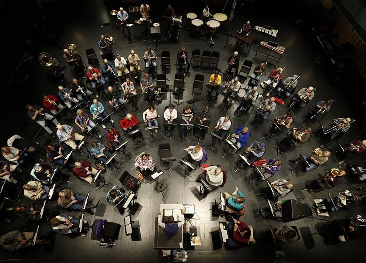 Overhead shot of an orchestra.