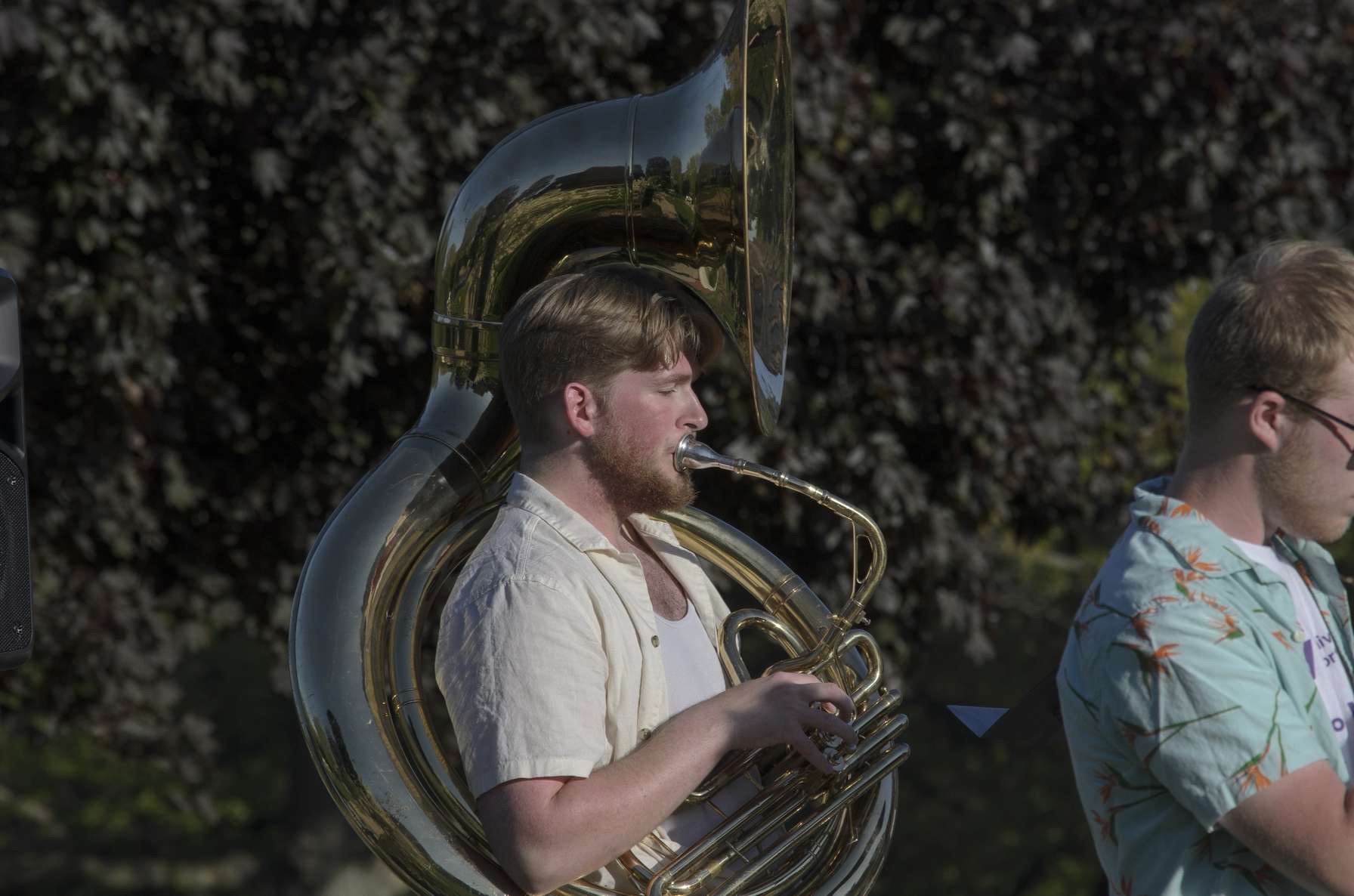 Aidan Anderson playing sousaphone