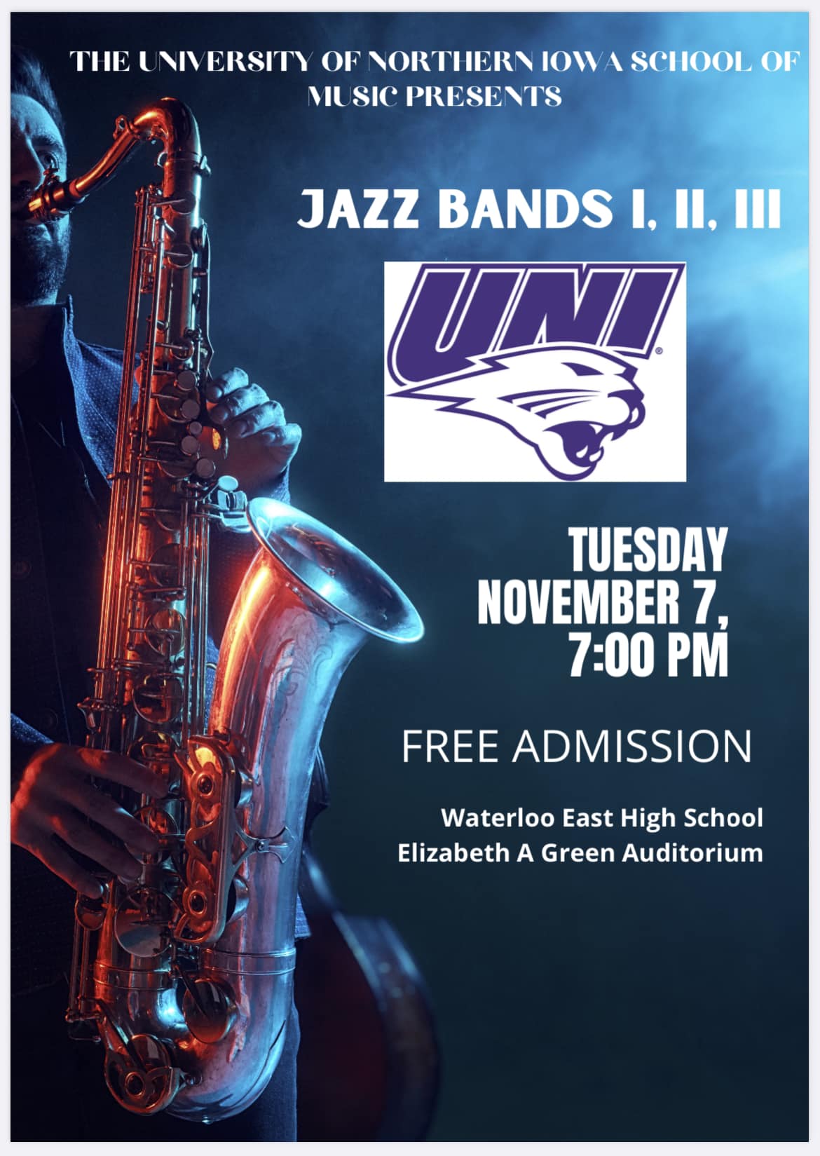 Jazz Bands poster image with saxophone and blue background