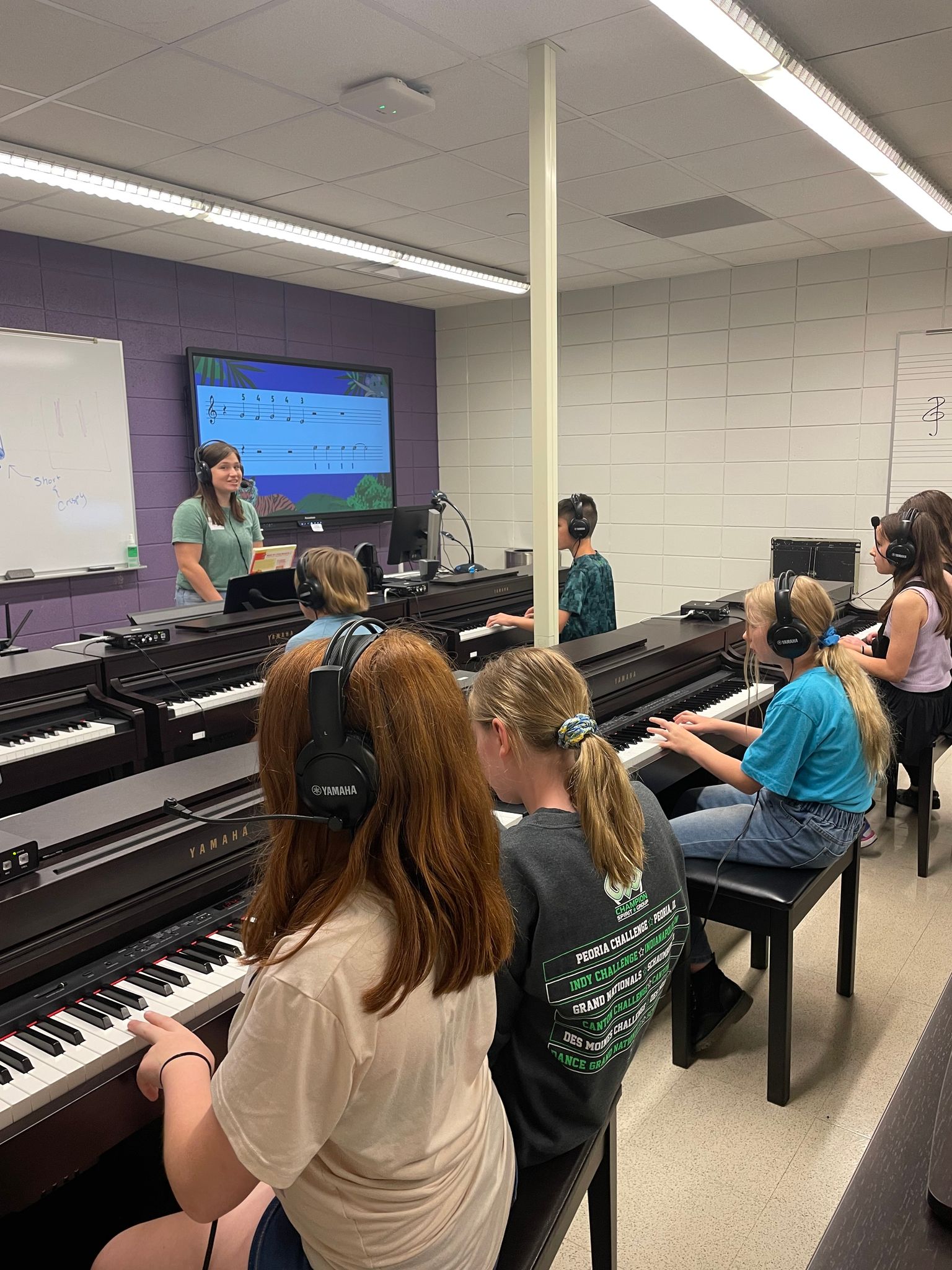 View of group piano lesson being taught in a piano lab. 