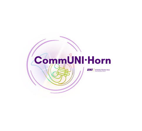 CommUNIHorn Logo with horn in different colors and circle surrounding