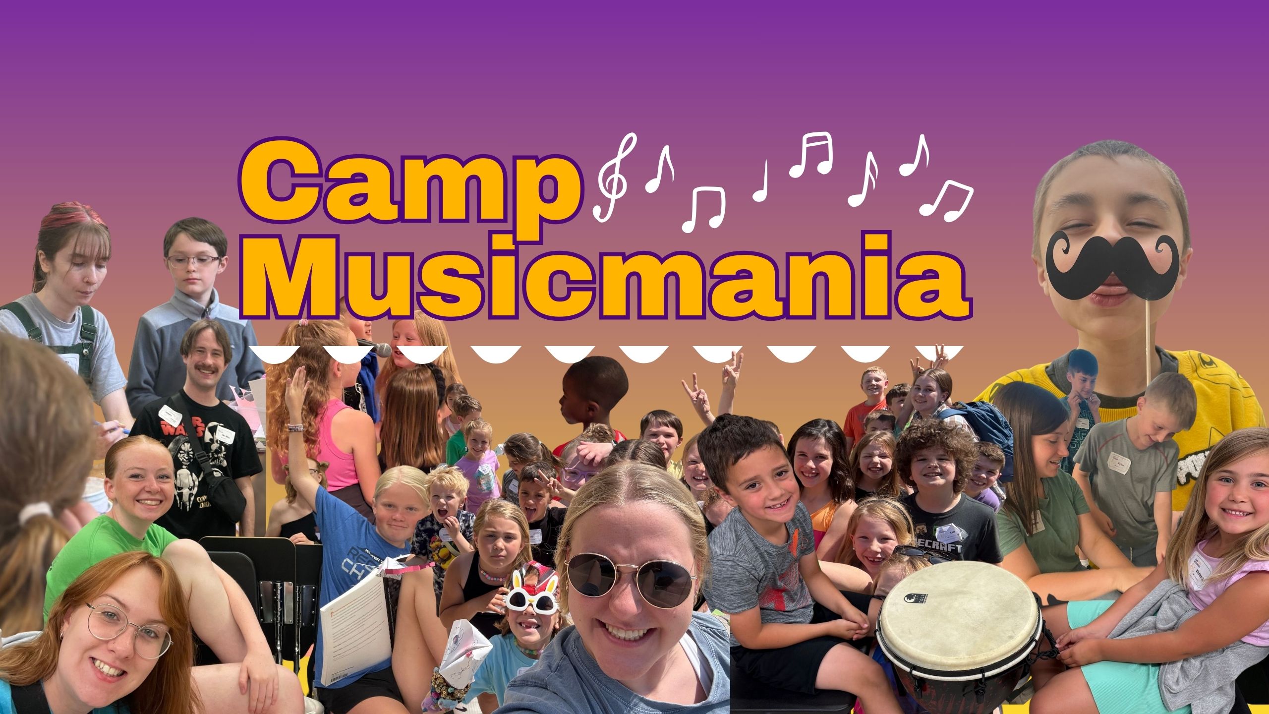 Camp Musicmania - music notes - kids playing drums, doing artwork, and posing for pictures