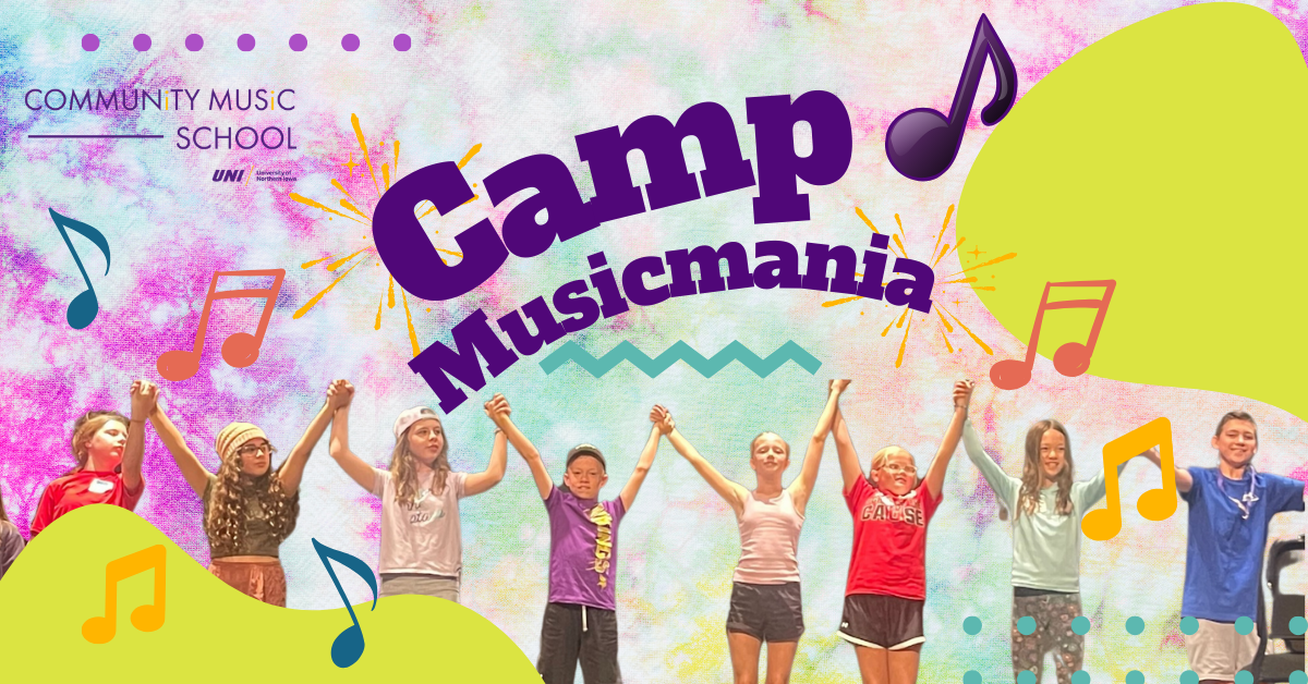Camp Musicmania with music notes, tye dye background and kids lined up in front to take a bow.