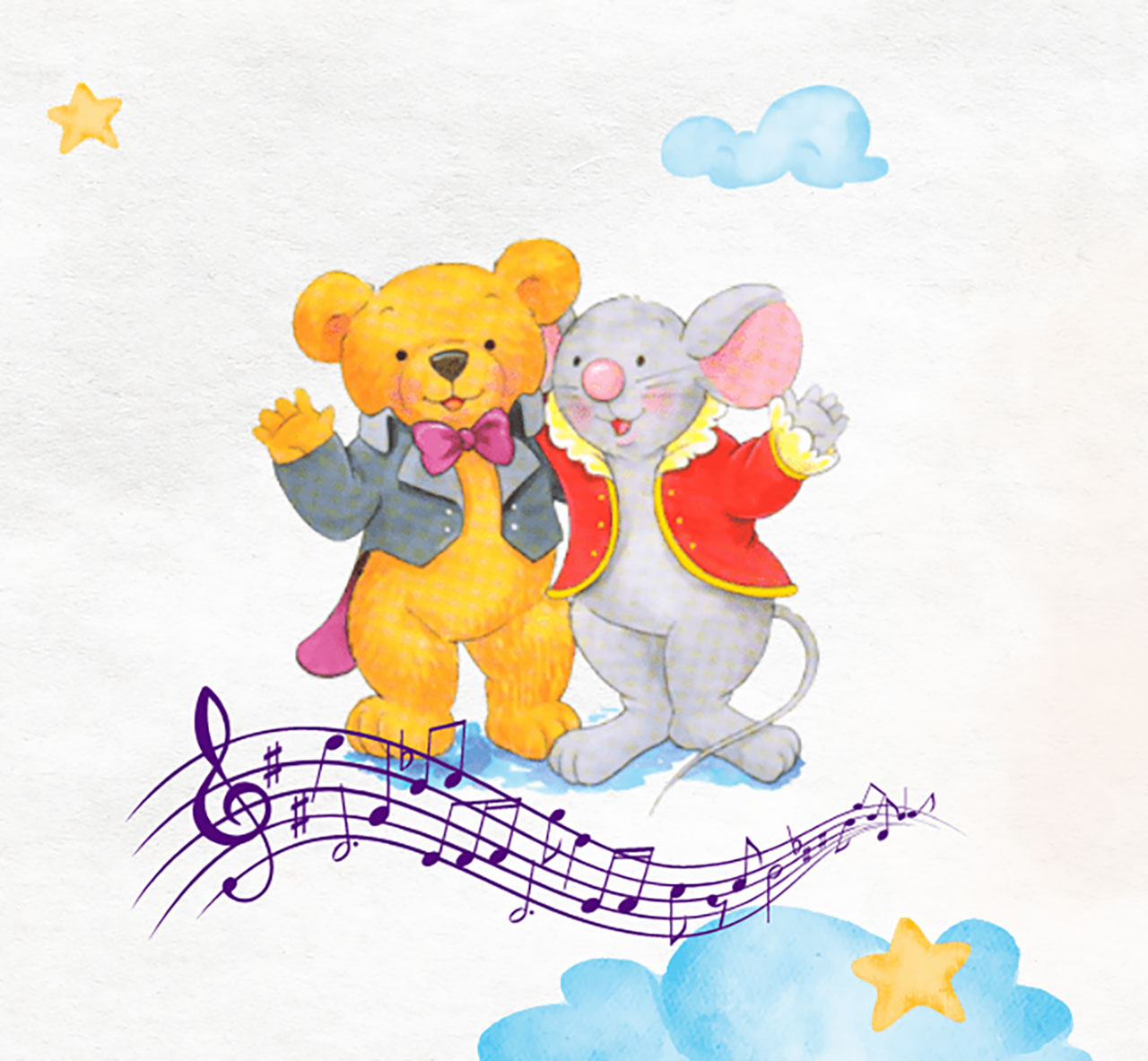 Bear and a mouse floating on musical notes.