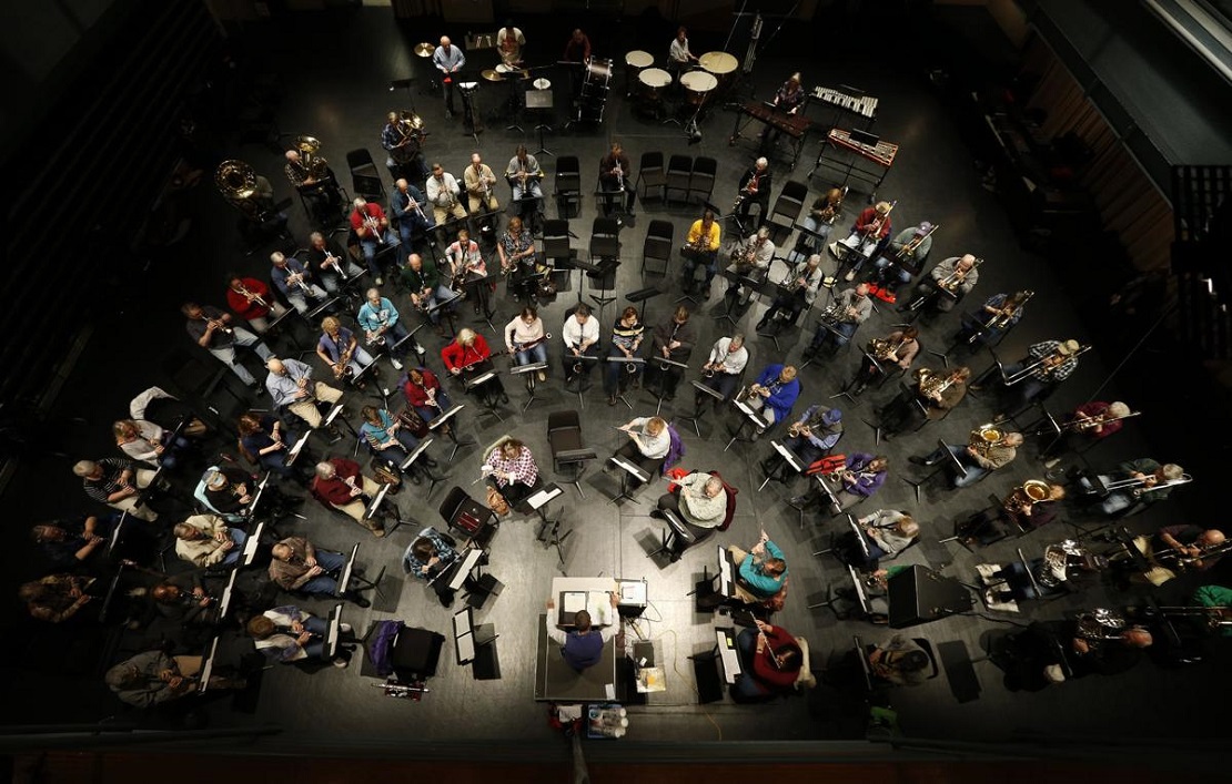 Overhead shot of new horizons band rehearsal