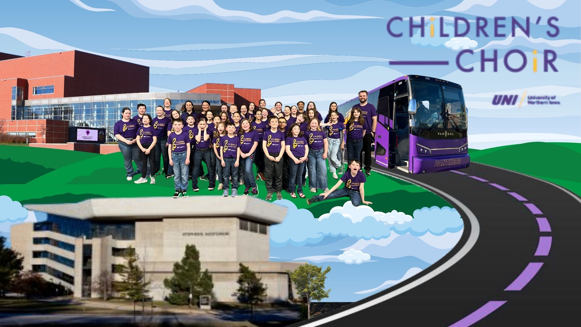 Childrens Choir members standing together in front of gallagher bluedorn, panther bus, and stephens auditorium