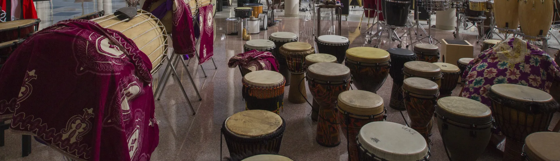 Percussion instruments in Gallagher Bluedorn lobby